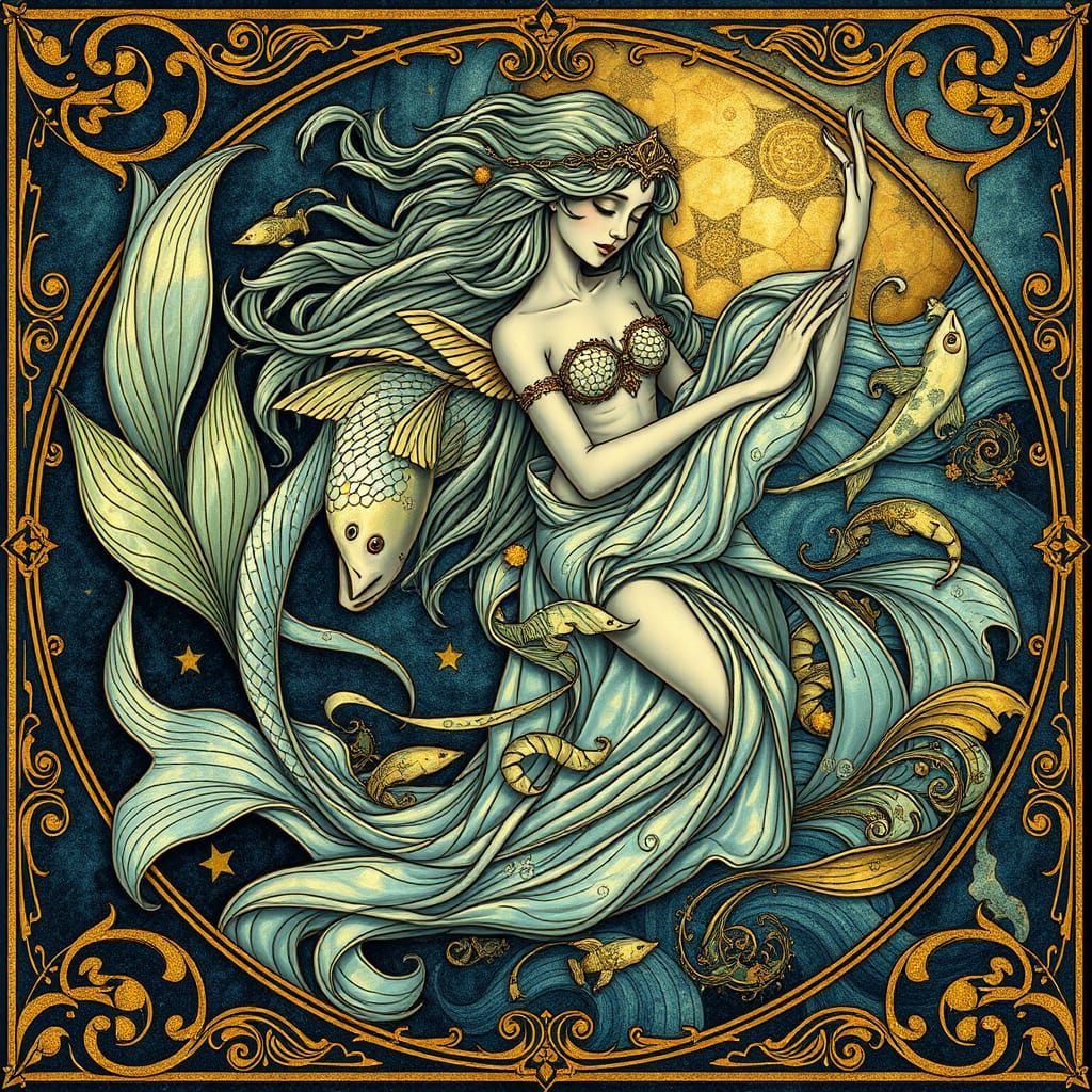 Ethereal Pisces Zodiac in a Dreamlike, Golden World