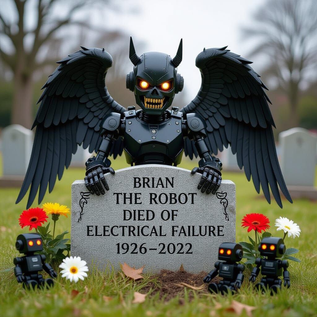 Dark Robot Angel on Cemetery Grave