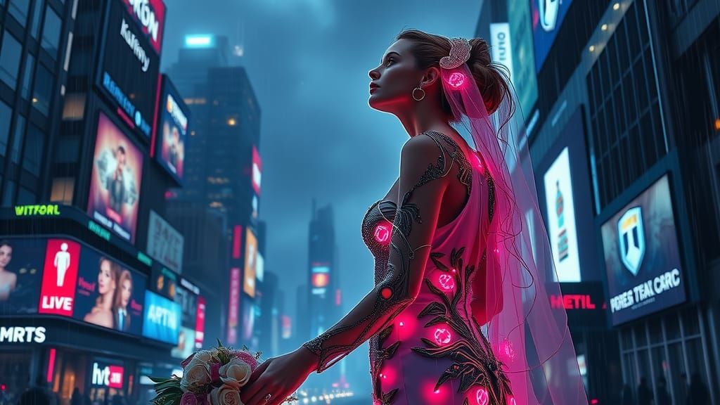 Cyberpunk Bride in Dystopian Cityscape, Futuristic Concept A...