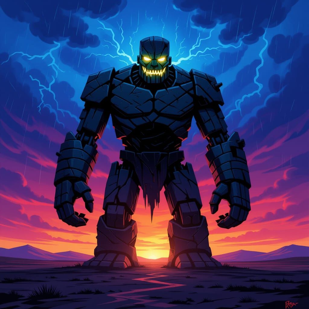 Ancient Obsidian Golem Guards Stormy Plain