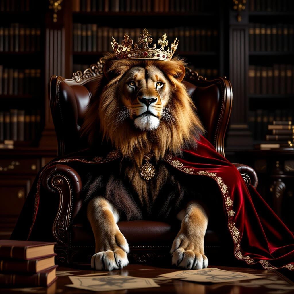 Regal Lion in Golden Crown and Crimson Cape