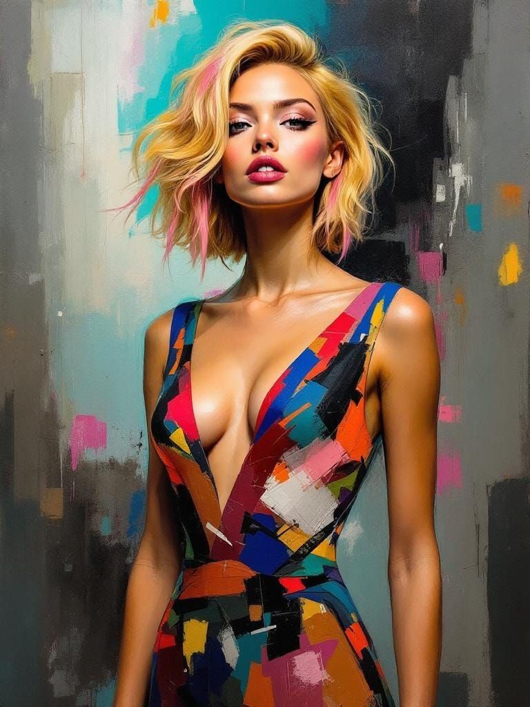 Blond Woman in Vibrant Dress, Expressive Brushstrokes