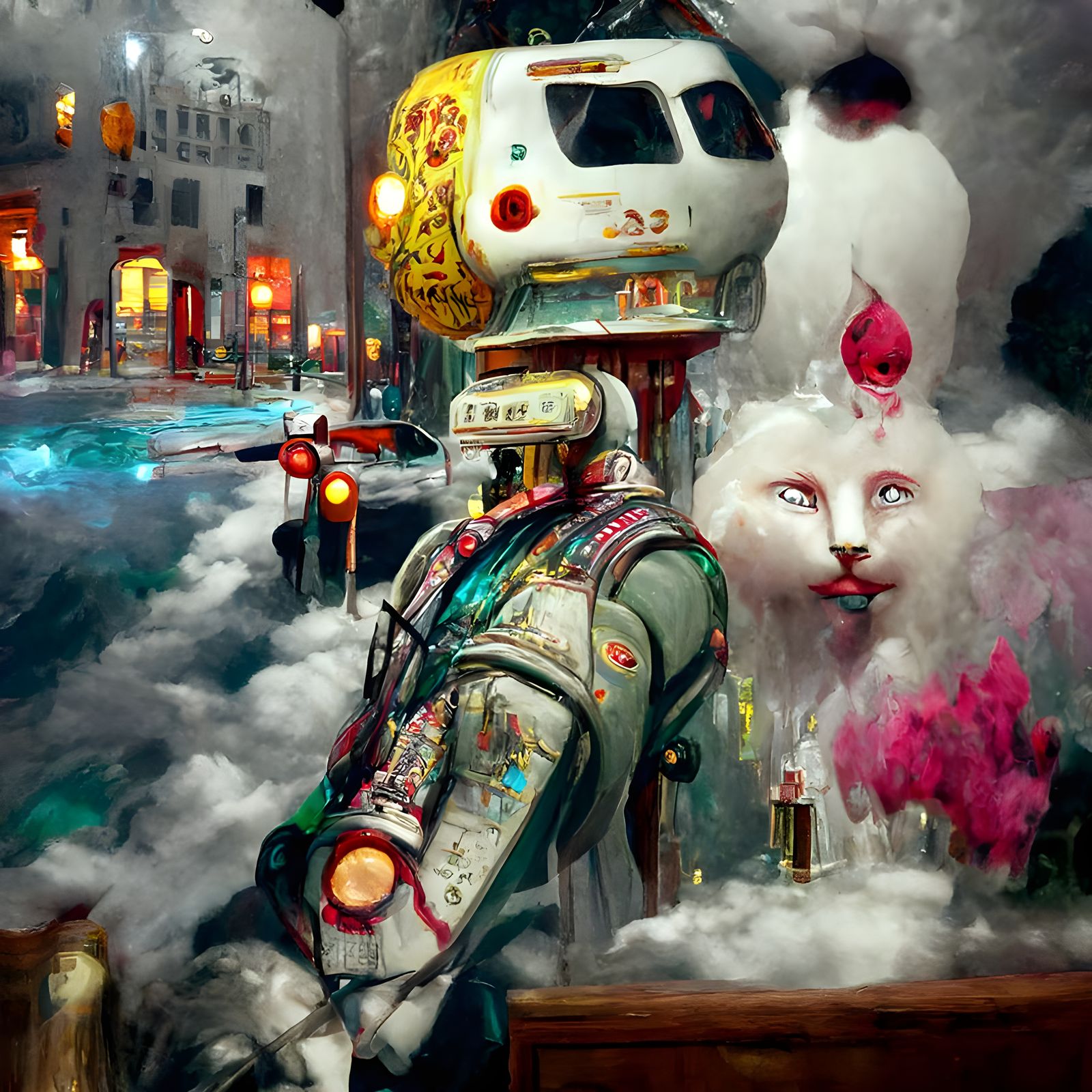 Robots and Androids in City at Night, Photorealistic Digital...