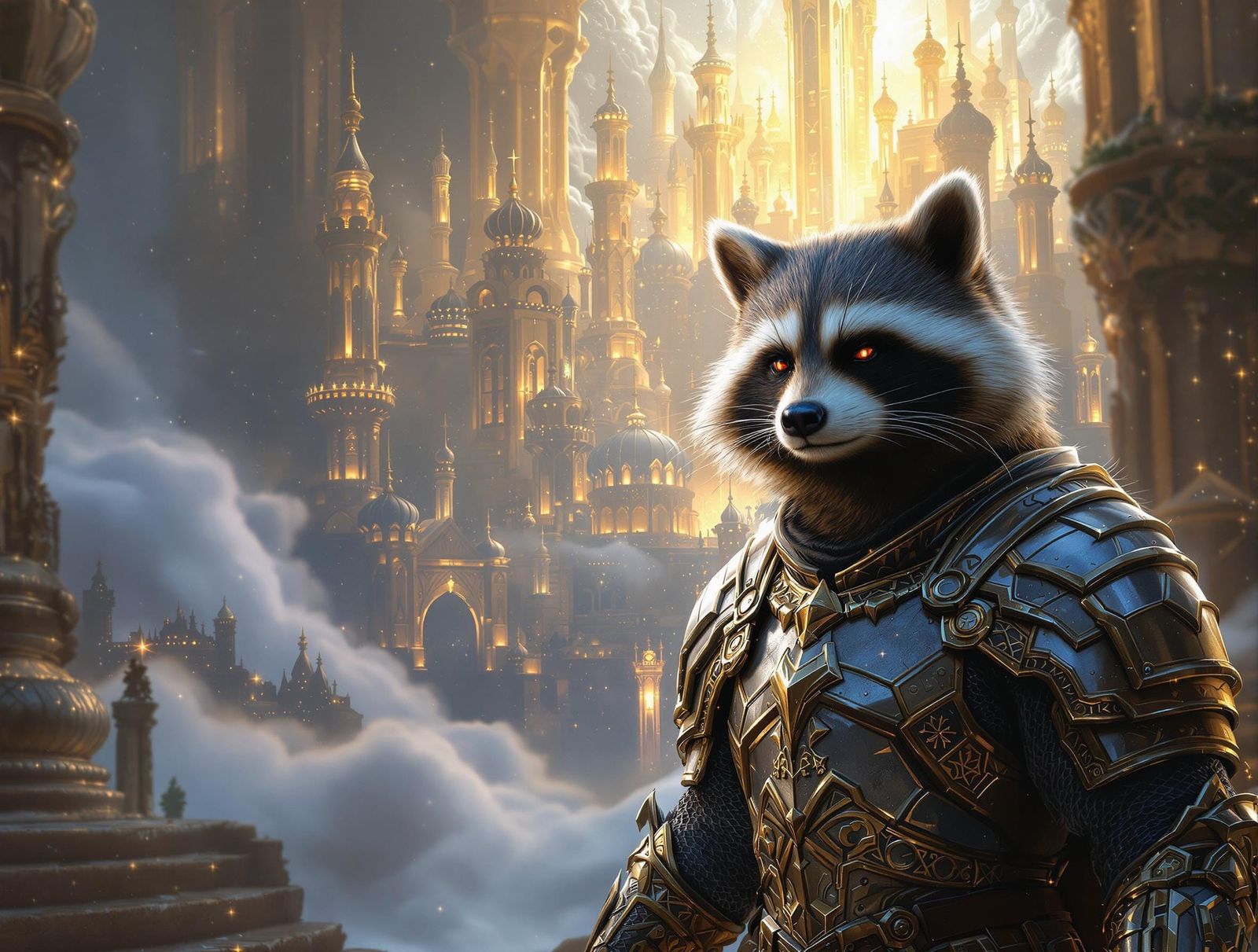 Armored Raccoon Guarding Ethereal City, Digital Painting
