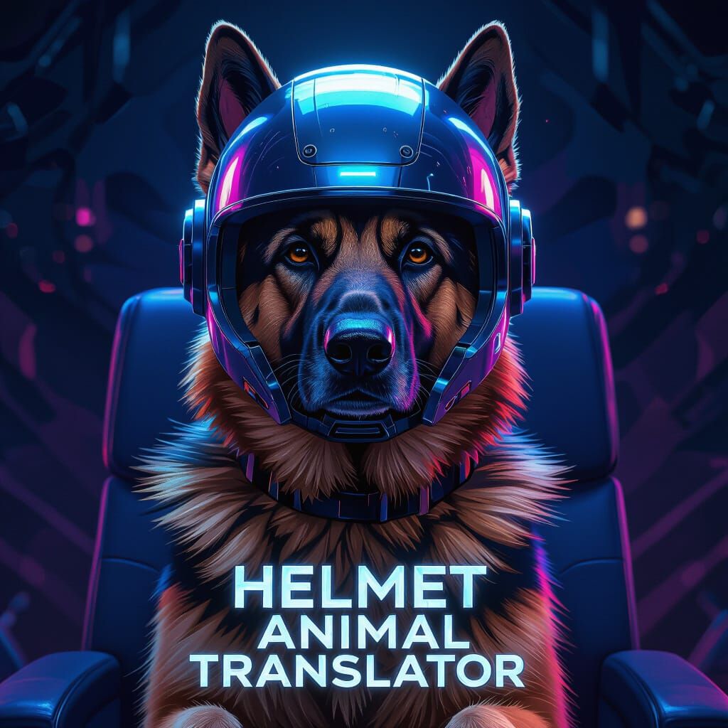 German Shepherd with "Helmet Animal Translator" Text