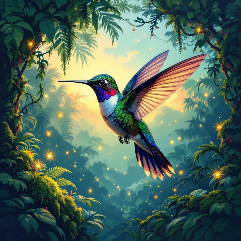 Iridescent Hummingbird in Tropical Rainforest, Art Nouveau