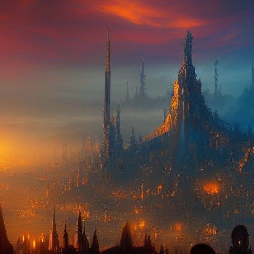 Golden Cities and Towers at Sunset: Fantasy Art