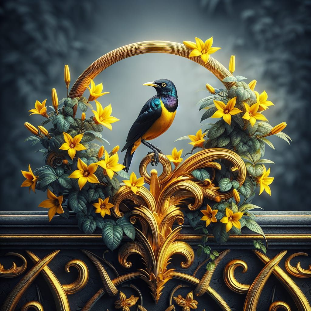 Golden Breasted Starling on Ornate Trellis