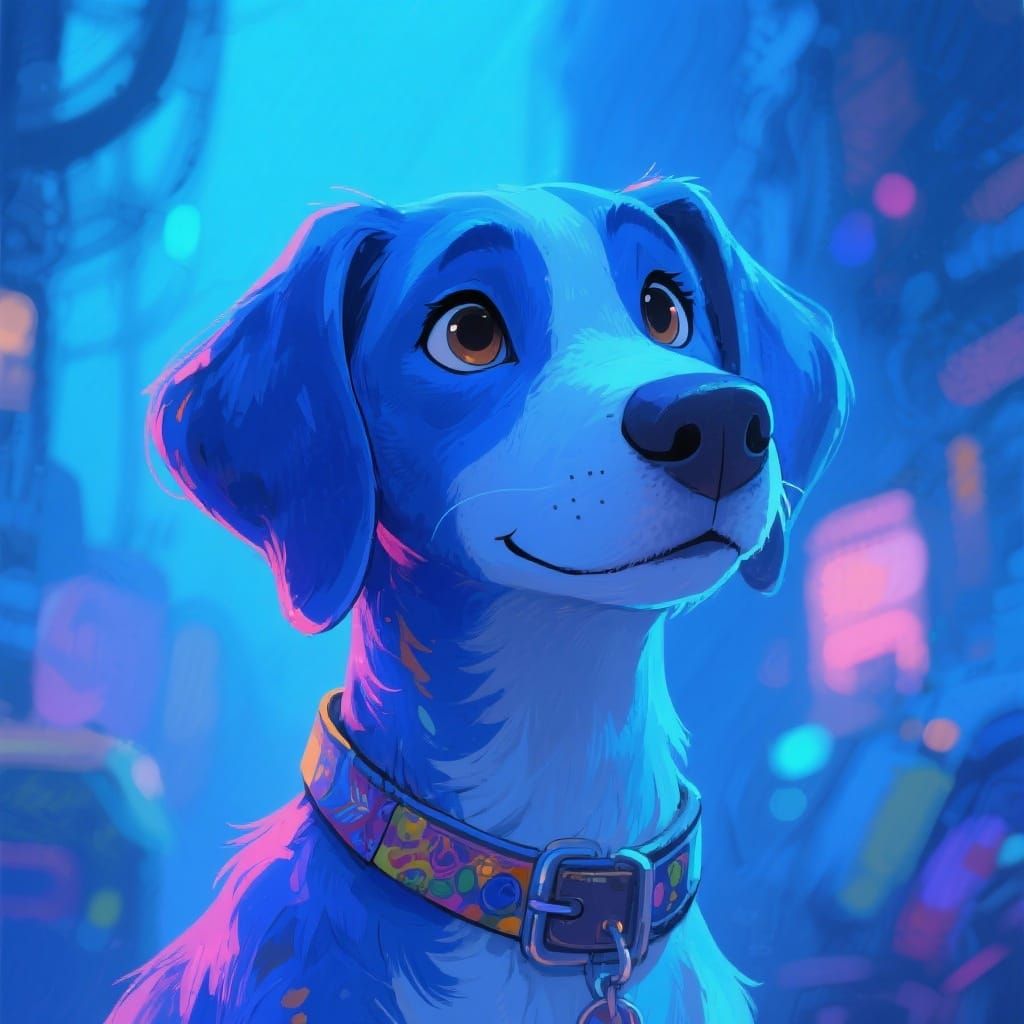 Charming Bluey Dog with Subtle Smirk in Blue Glow