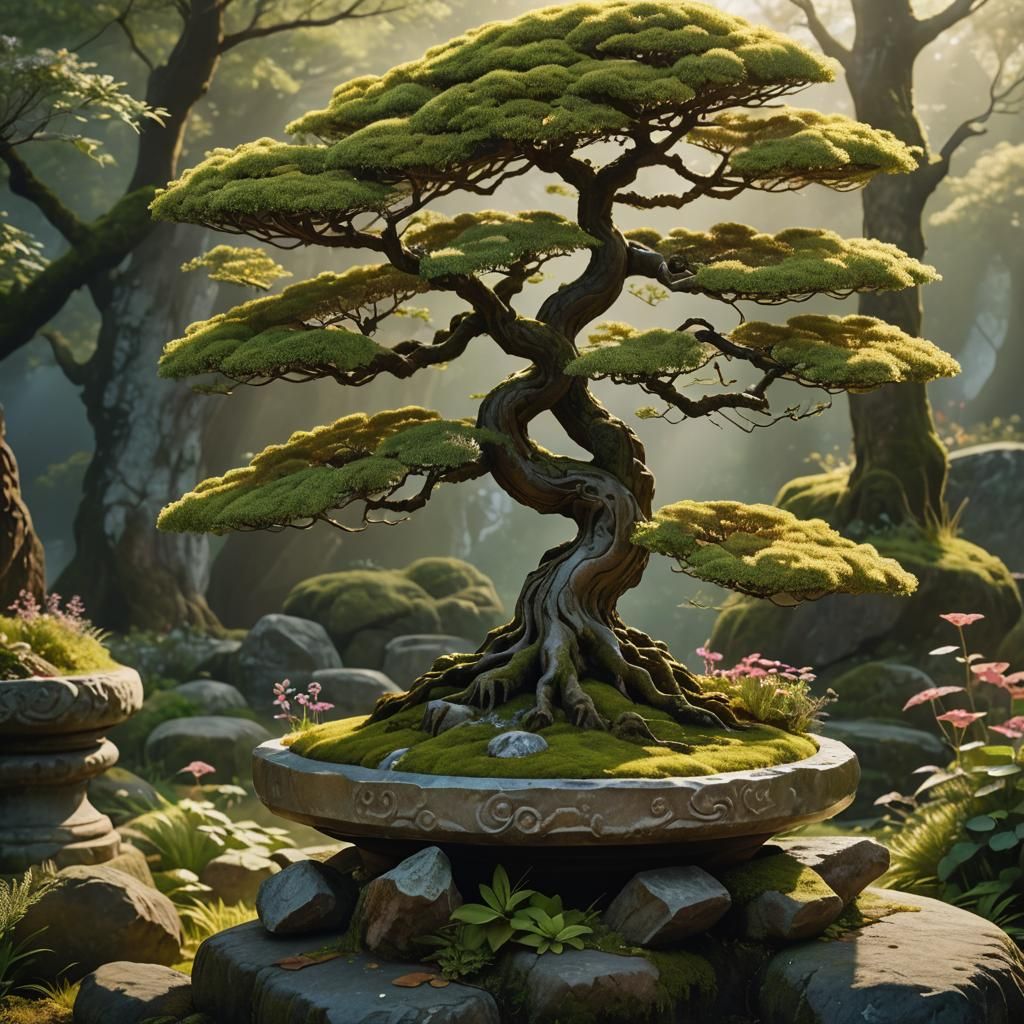 Serene Bonsai Tree in Fantasy Garden Art