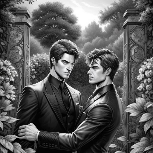 Black and White portrait of Handsome Young Men  in a garden