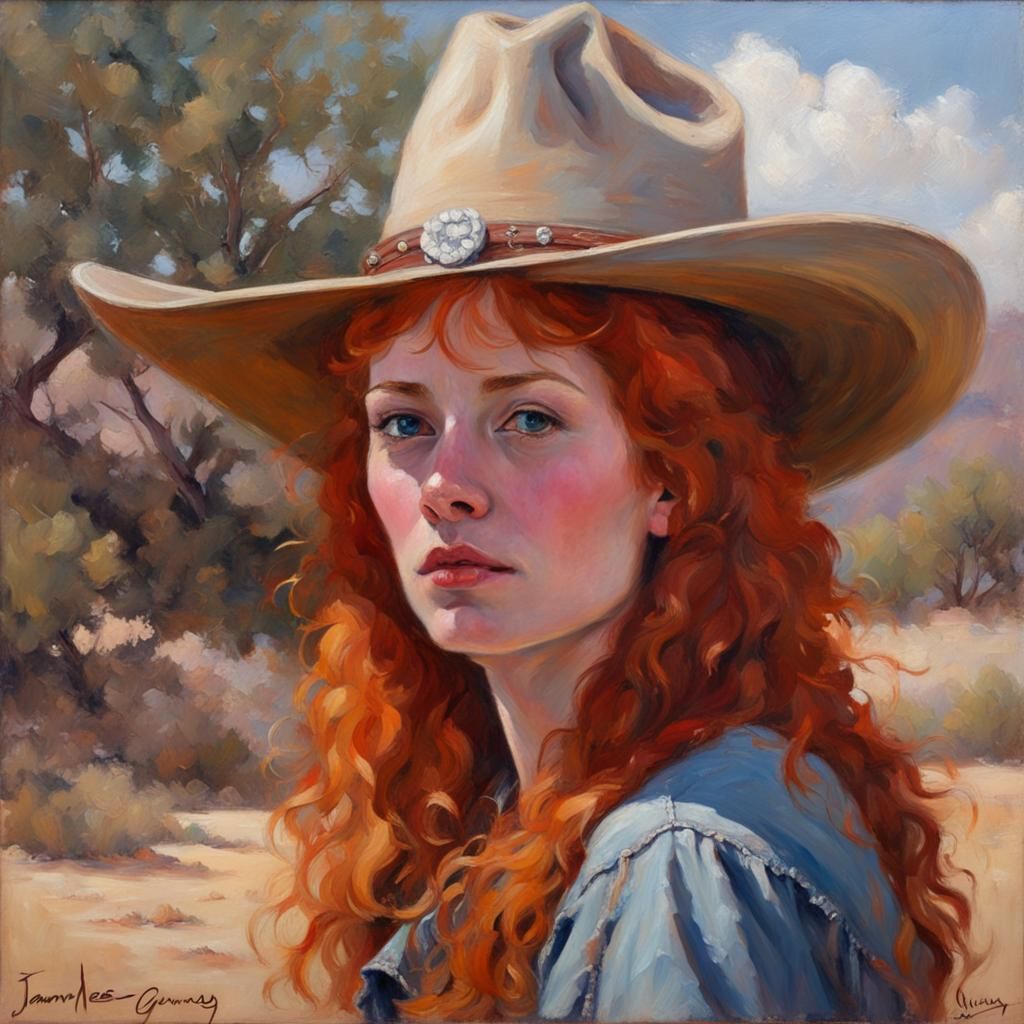 Redhead Cowgirl Portrait in Oil Painting Style