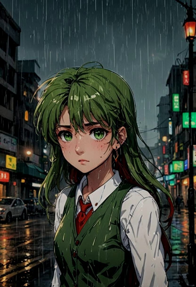 Anime Woman in Rain with Annoyed Expression