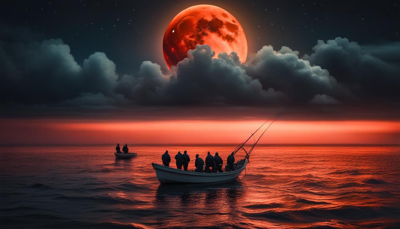 Fishermen at Night: Serene Seascape with Red Moon
