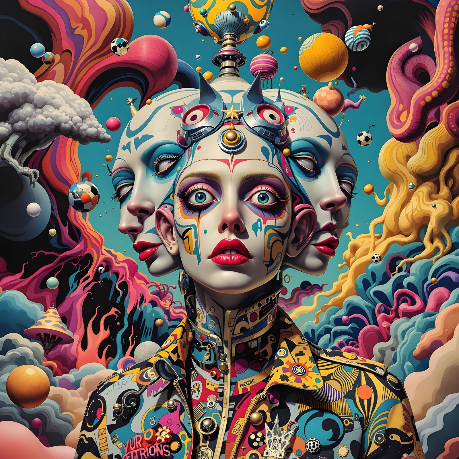 Surreal Pop Art Icon Blends Faces in Vibrant, Hypnotic Scene