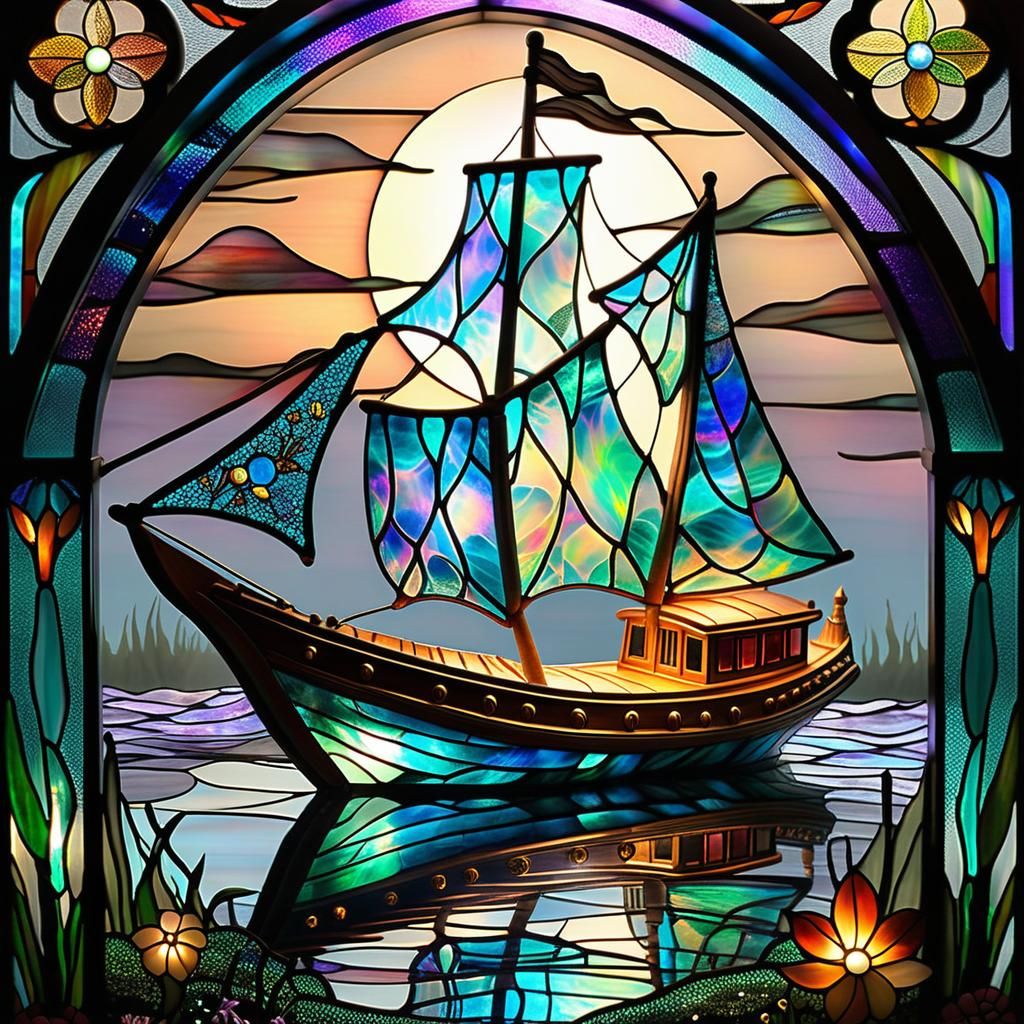 Surreal Glowing Stained Glass Ship on Astral Sea