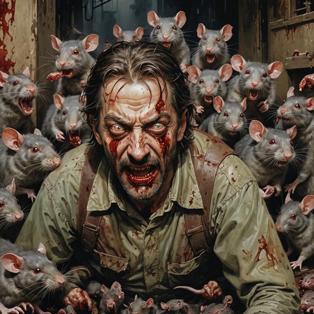 Horrifying Man Surrounded by Bloody Rats