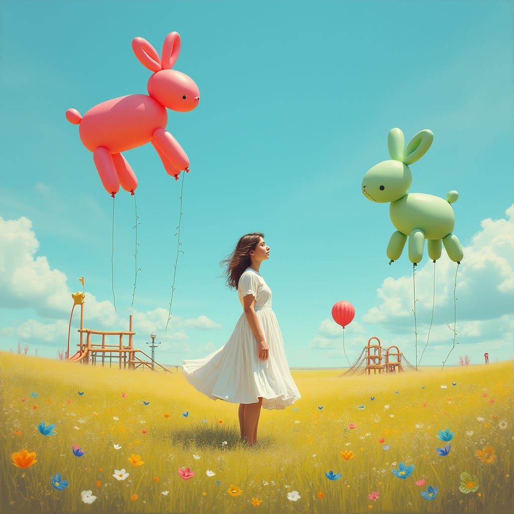 Surrealist Woman in Whimsical Dream Landscape