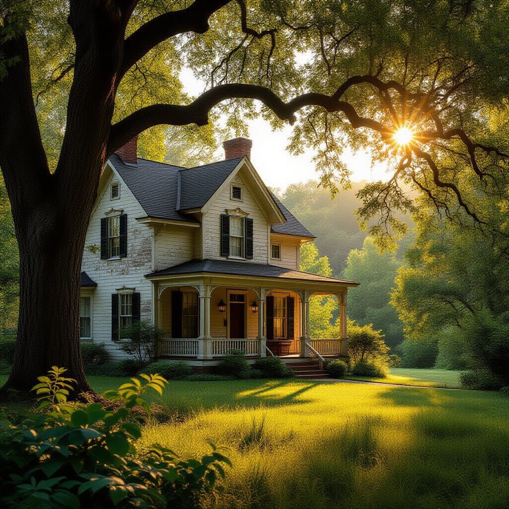 Vintage House in Lush Nature: Photorealistic Golden Hour