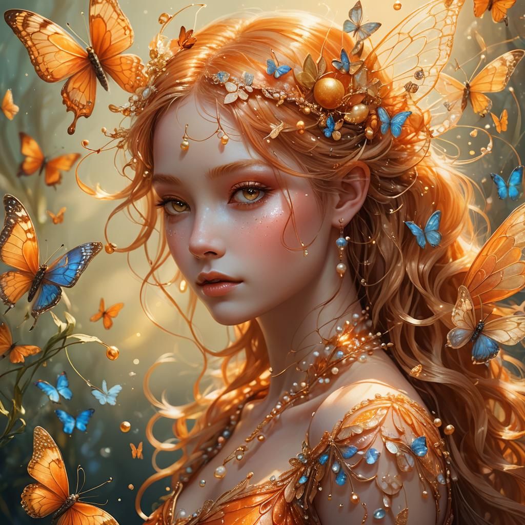Orange Fairy Portrait with Sunshine Pearls, Whimsical Art