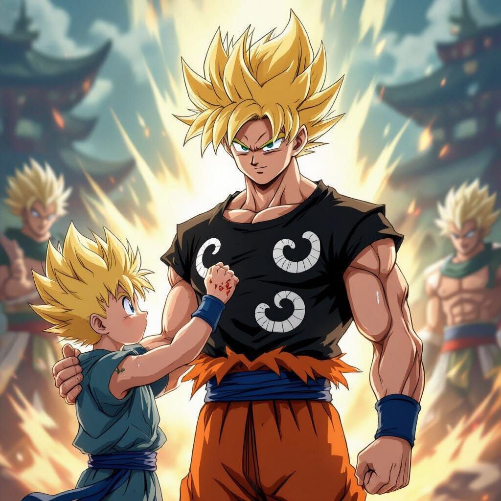 Goku Ultra Instinct Offers Hand of Victory to Triumphant Boy