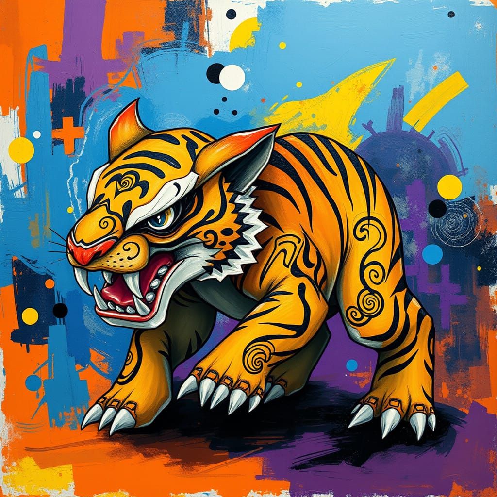 Surreal Saber-toothed Tiger in Vibrant, Abstract Prehistoric...