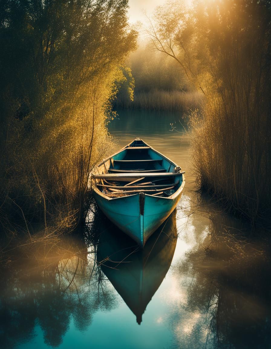 Abandoned Boat on Overgrown Riverbank in Multiple Exposure