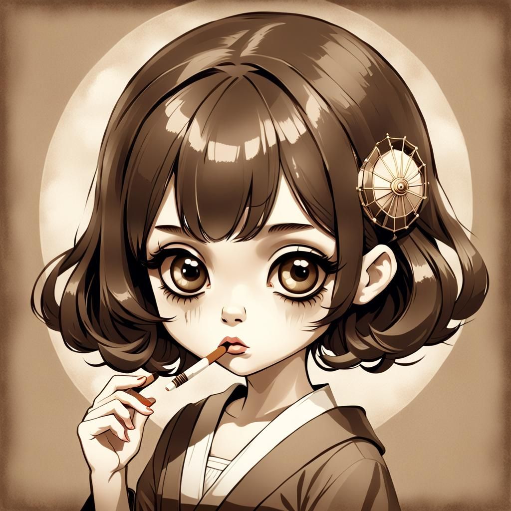 Chibi Girl in Sepia-Toned 1920s Style Photograph