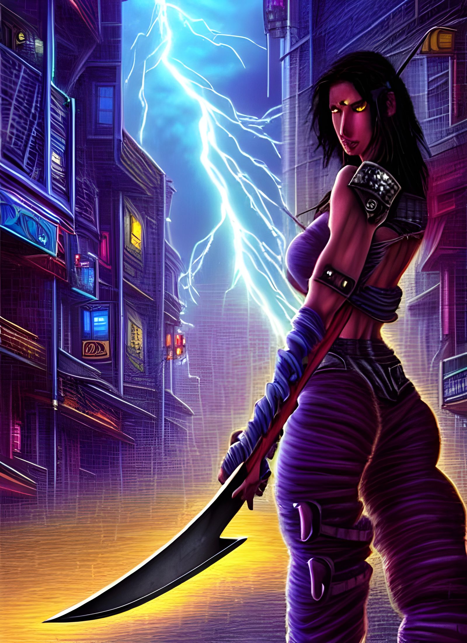 Epic Swordswoman in Cyberpunk Lightning Storm