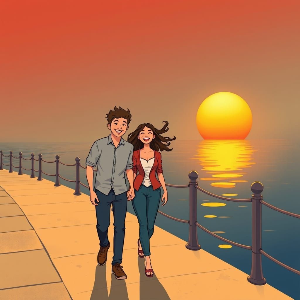 Couple's Serene Sunset Stroll Along the Waterfront