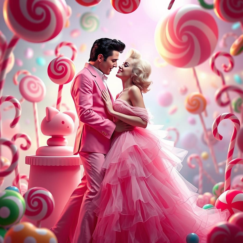 Whimsical Elvis and Marilyn Monroe in Candyland Paradise