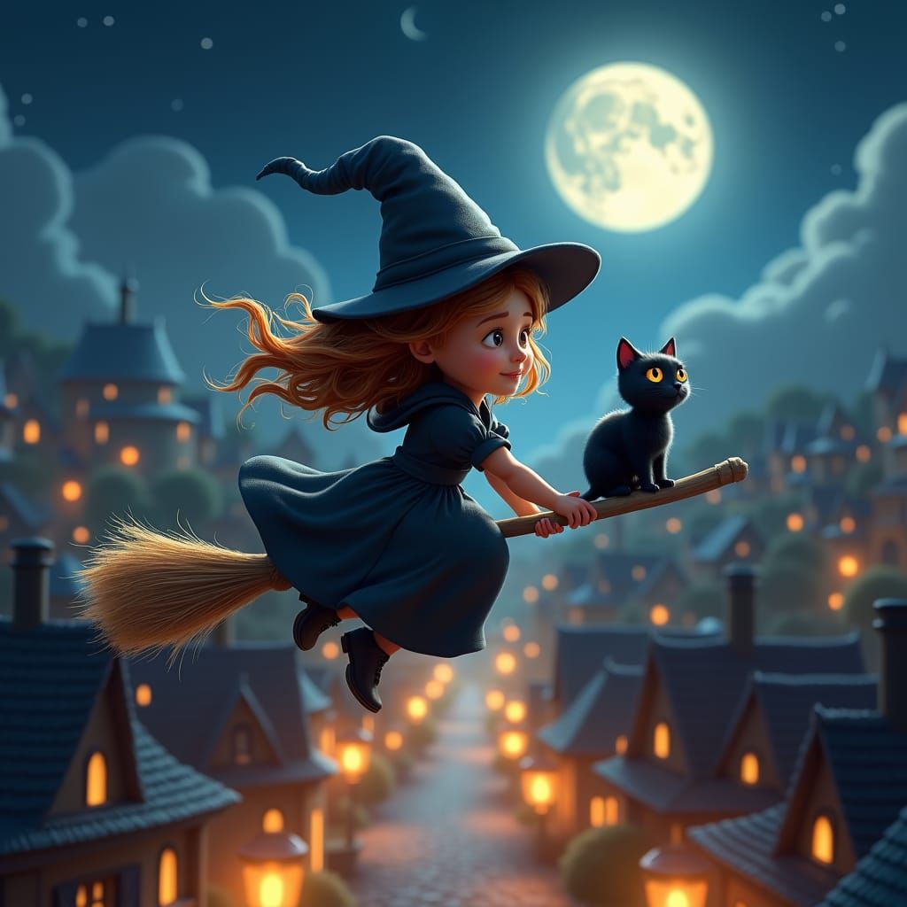 Young Witch's Midnight Flight Over Cozy City