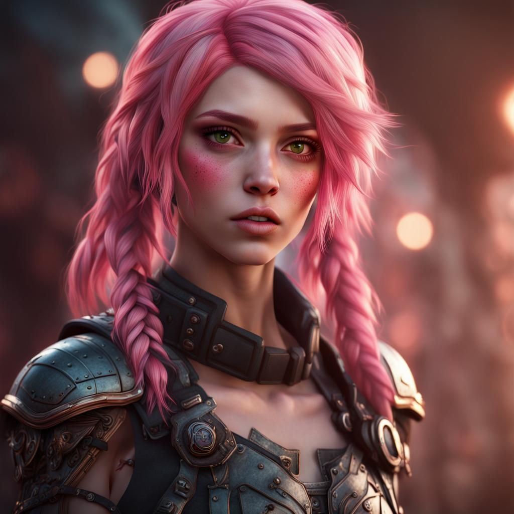 Pink-Haired Girl with Hazel Eyes: Detailed Matte Painting