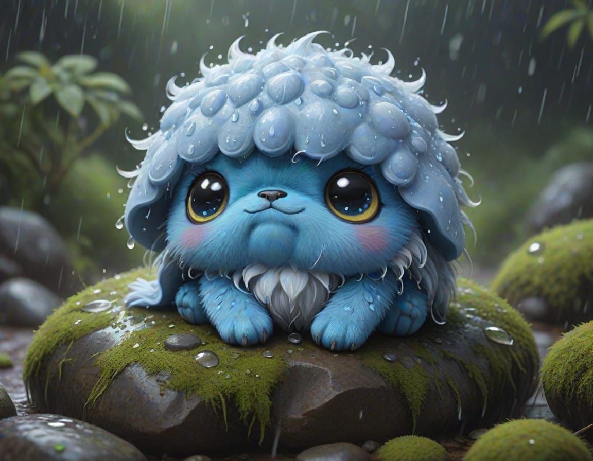 Adorable Blue Creature in Gentle Rain, Concept Art Style