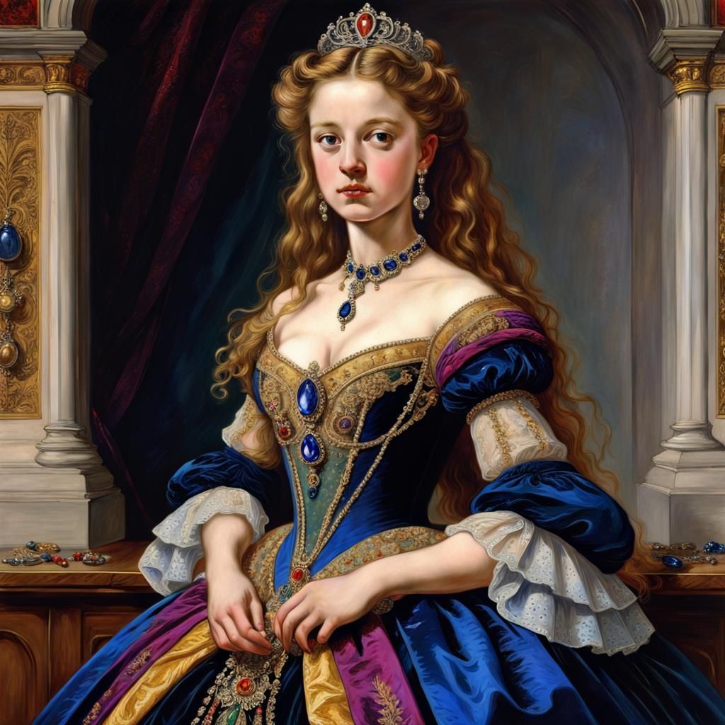 Renaissance Queen in Ornate Ballgown, Digital Illustration