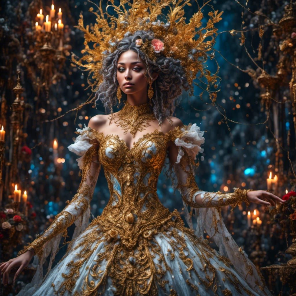 Ethereal Woman with Gold Filigree Linework Art