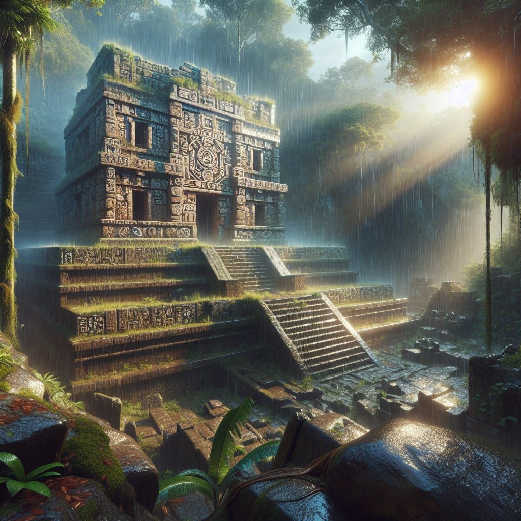 Ancient Aztec Ruins in Rainforest Panorama