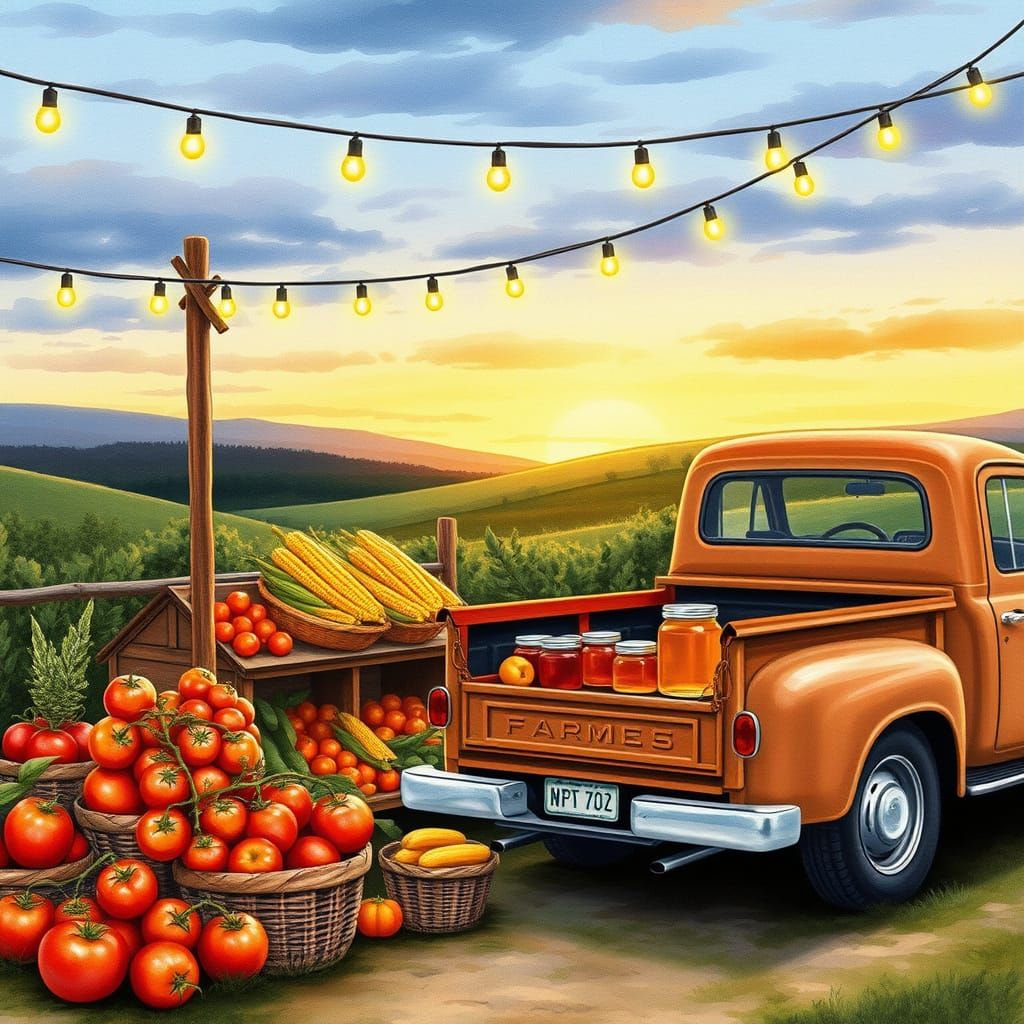 Whimsical Watercolor Farmstand at Dusk
