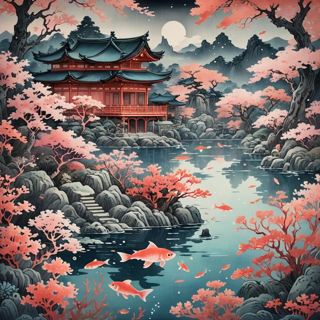 Coral Palace Underwater Scene in Ink-Wash Style