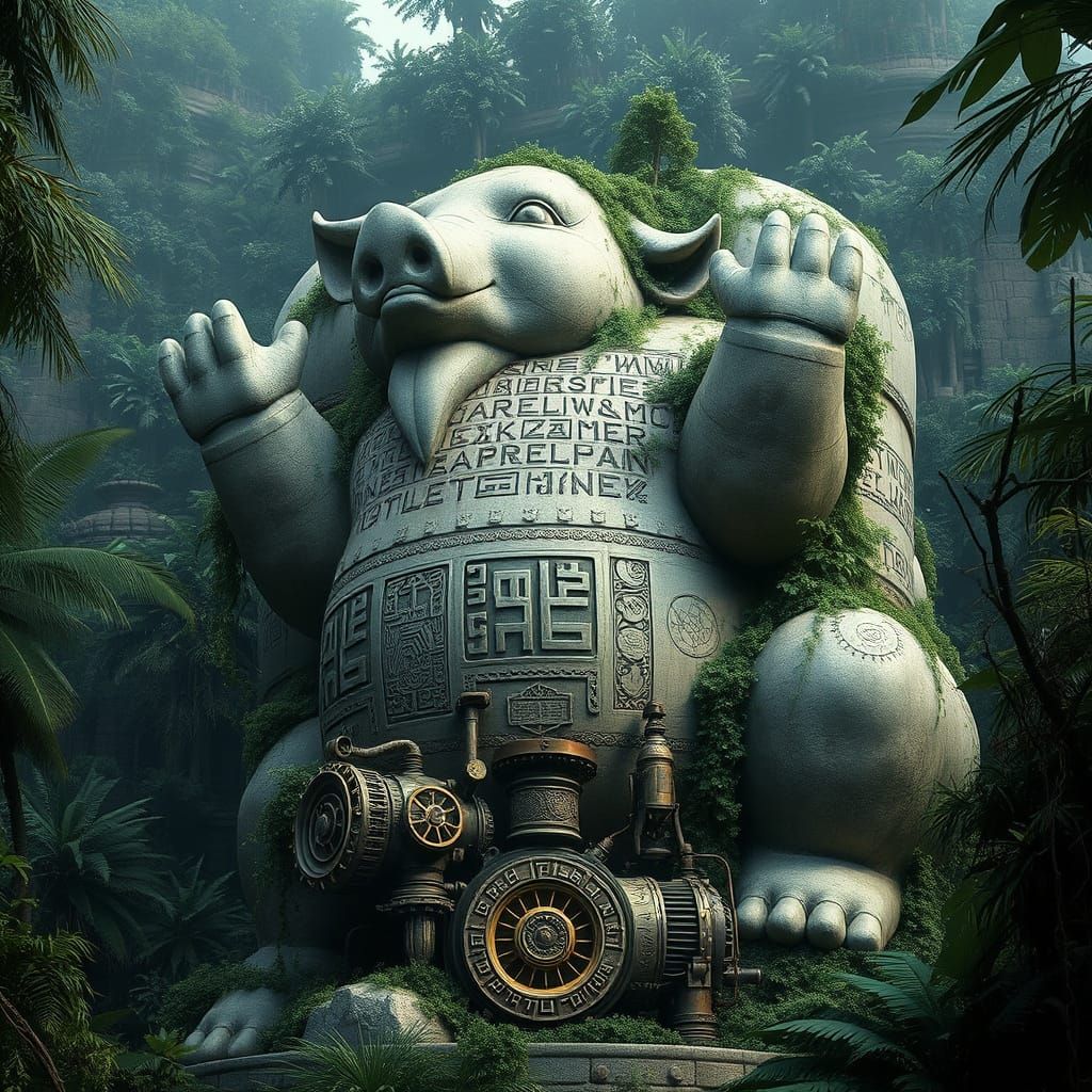 Steampunk Pig God Statue in Jungle Ruins