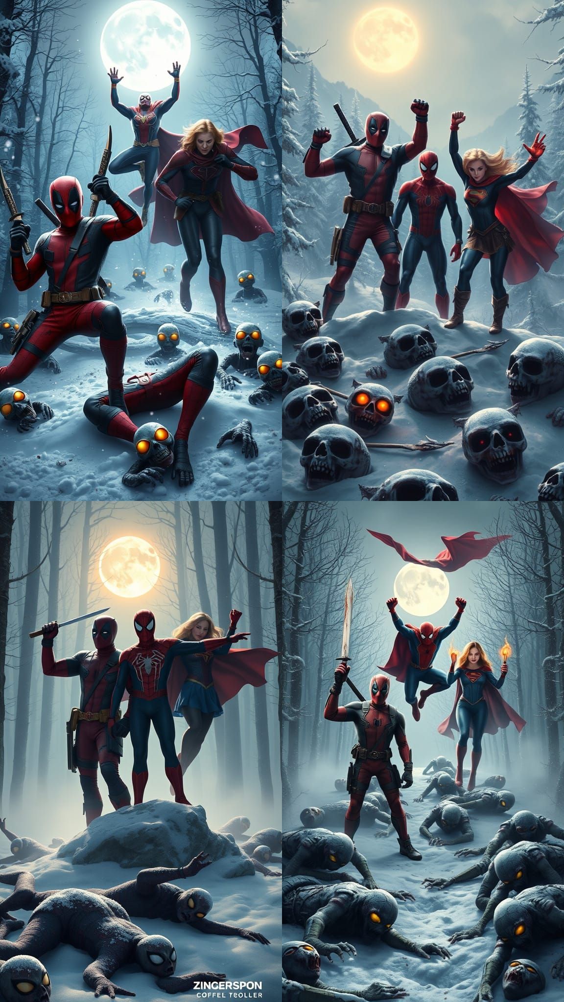 Superhero Victory Over Mystical Zombies in Snowy Forest