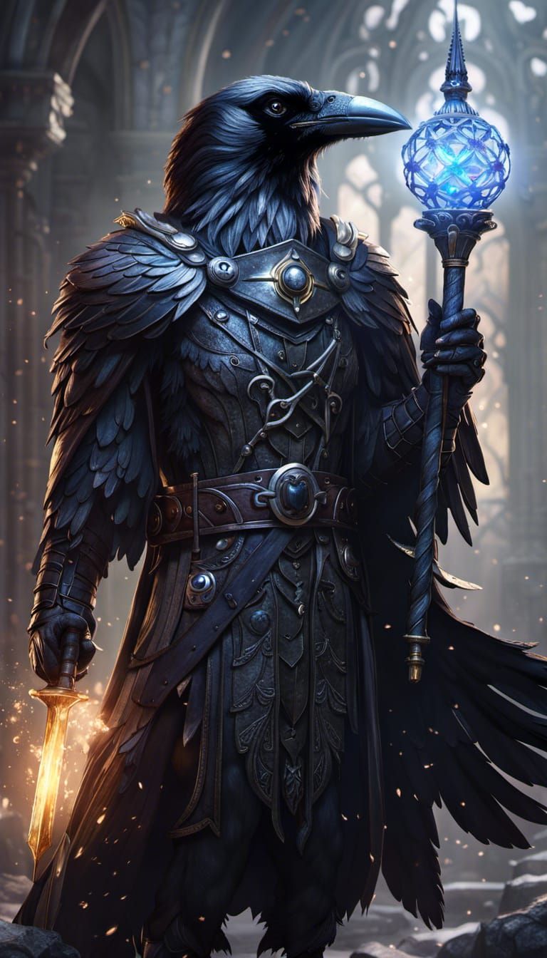 Anthropomorphic Raven Wizard with Quartz Feathers