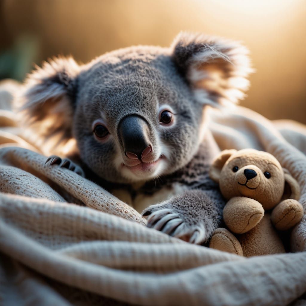 Warm Cinematic Portrait of a Baby Koala in a Cozy Blanket