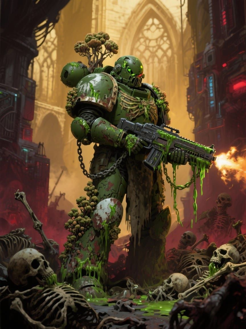 Grimdark Death Guard Marine in Gothic Cyberpunk Scene