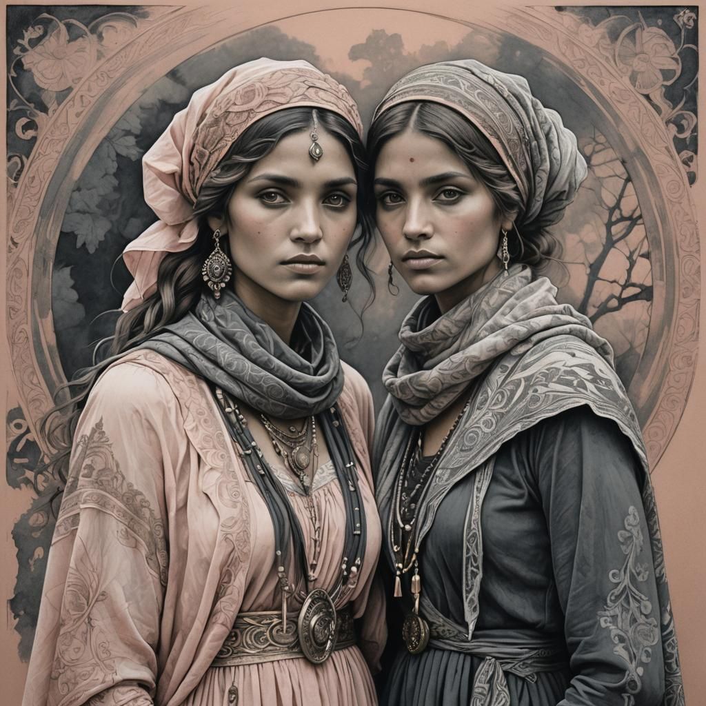 A pencil and charcoal sketch of a two beautiful gypsy women ...