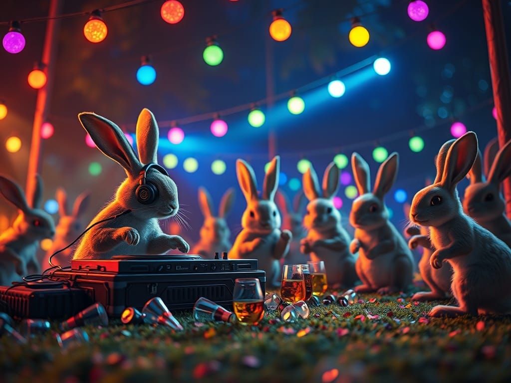 Rabbits Party Under Colorful Spotlights