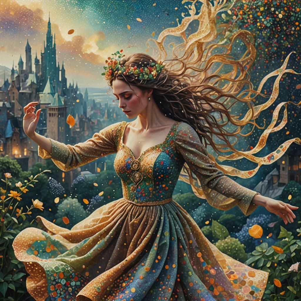 Surreal Portrait in Pointillism Style with Ethereal Figures