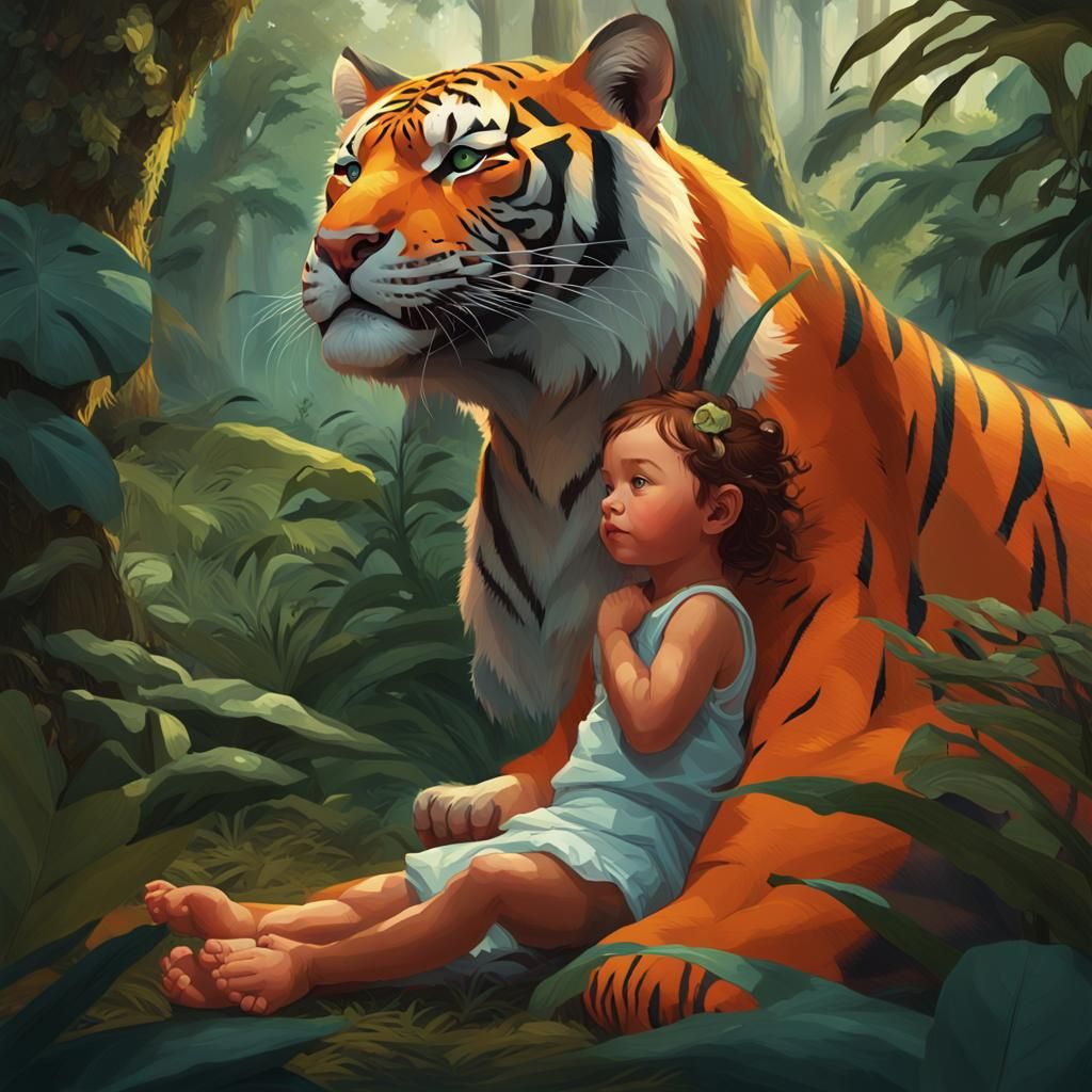 Baby Girl and Tiger in Lush Jungle Environment