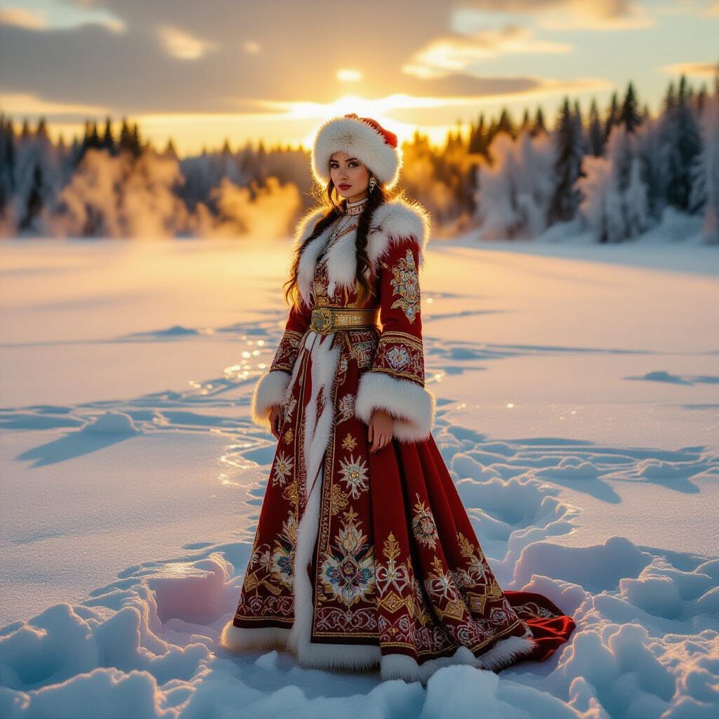 Woman in Russian Dress on Frozen Lake