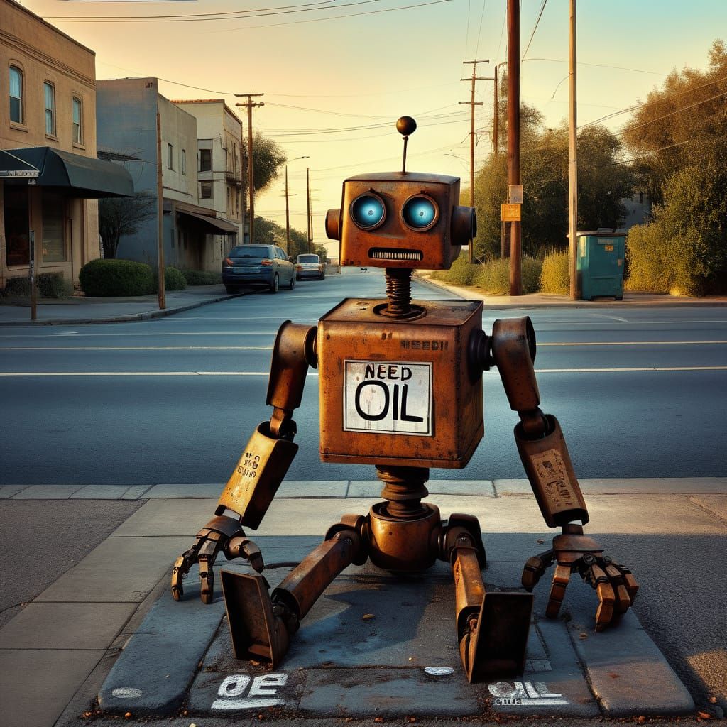 Rusty Robot Begging for Oil in Golden Hour Light